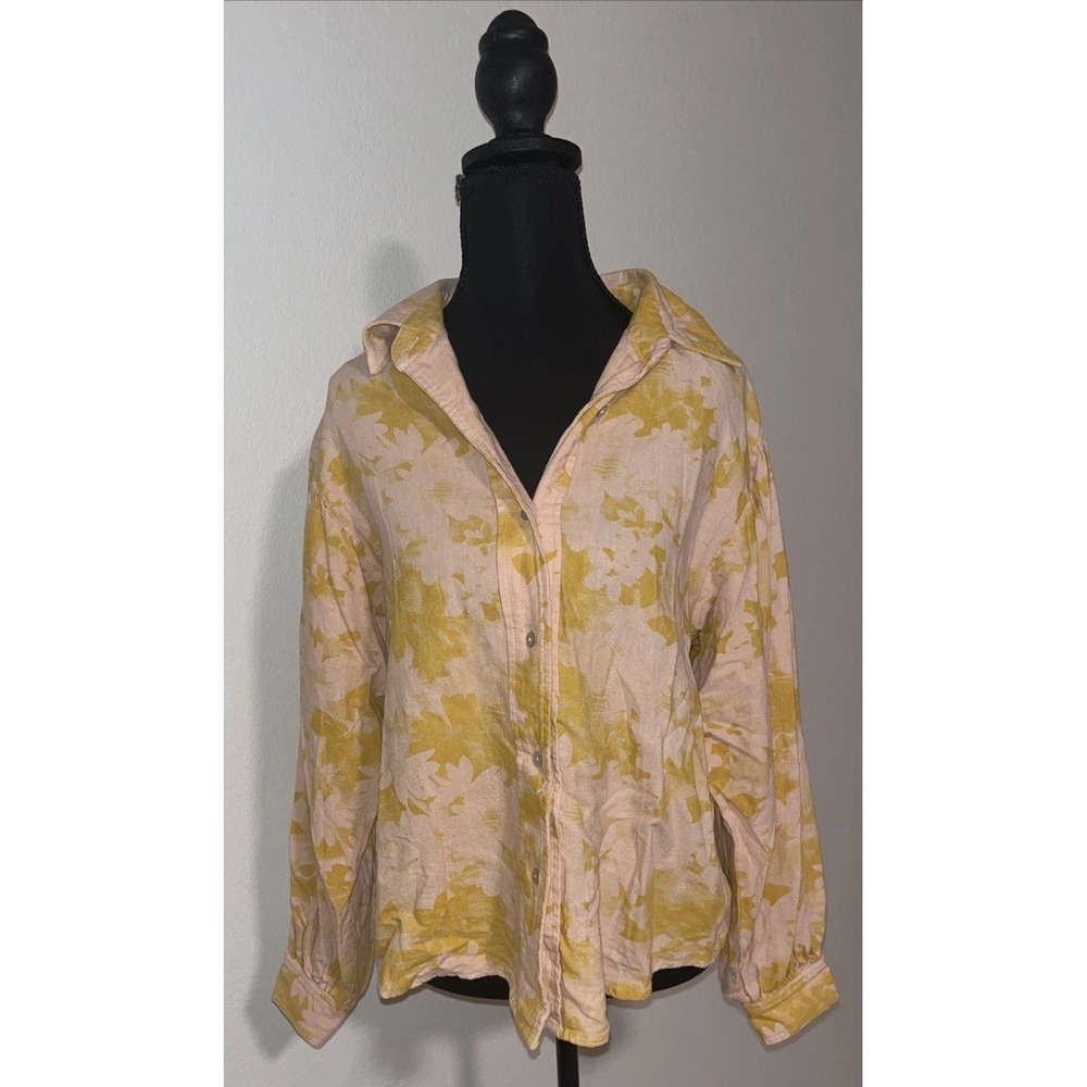 Self Contrast Womens Floral Hawaiian Linen Cotton Button Down Shirt Pink Sz S